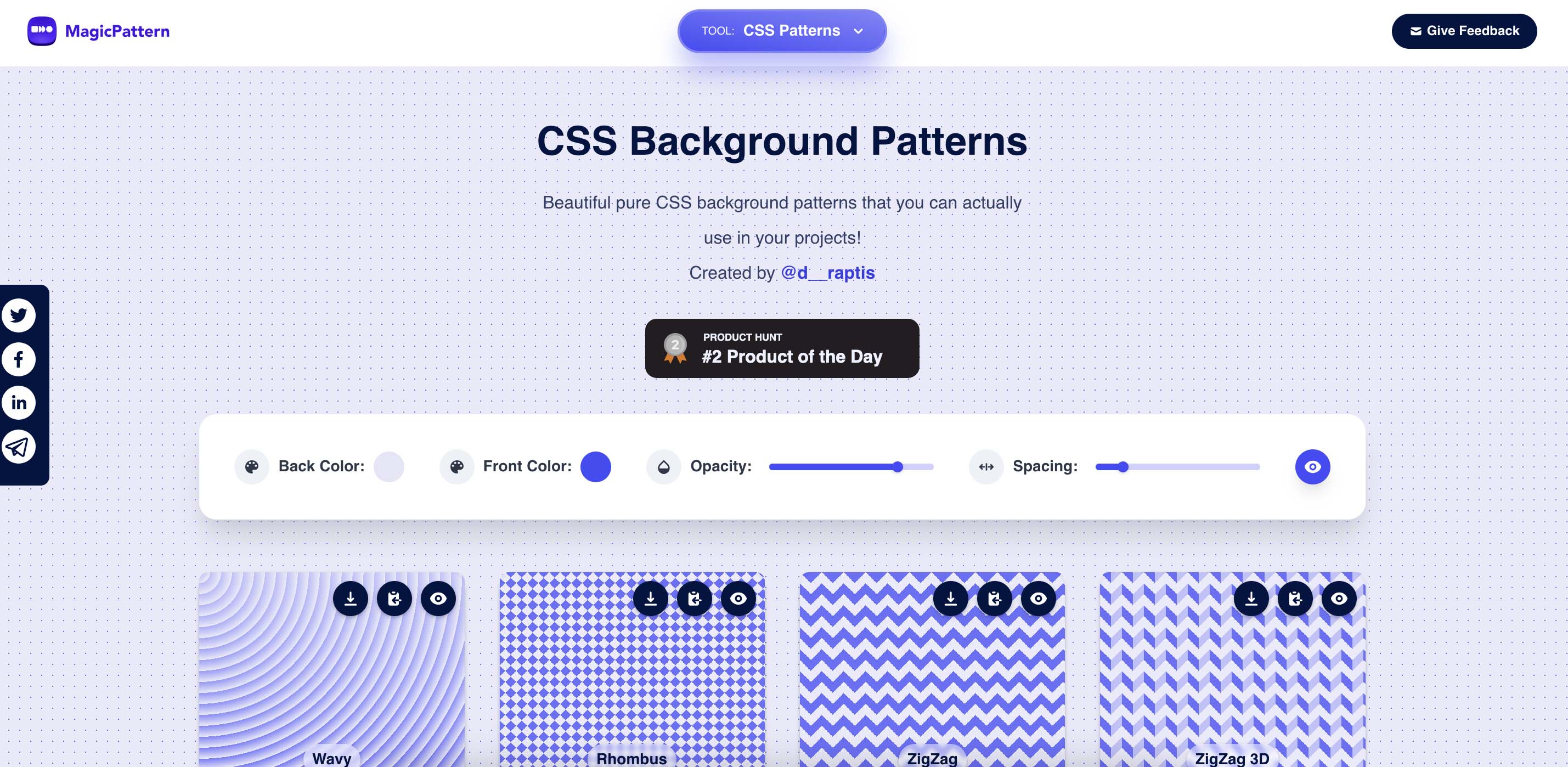 Screenshot of magicpattern.design/tools/css-backgrounds showing options